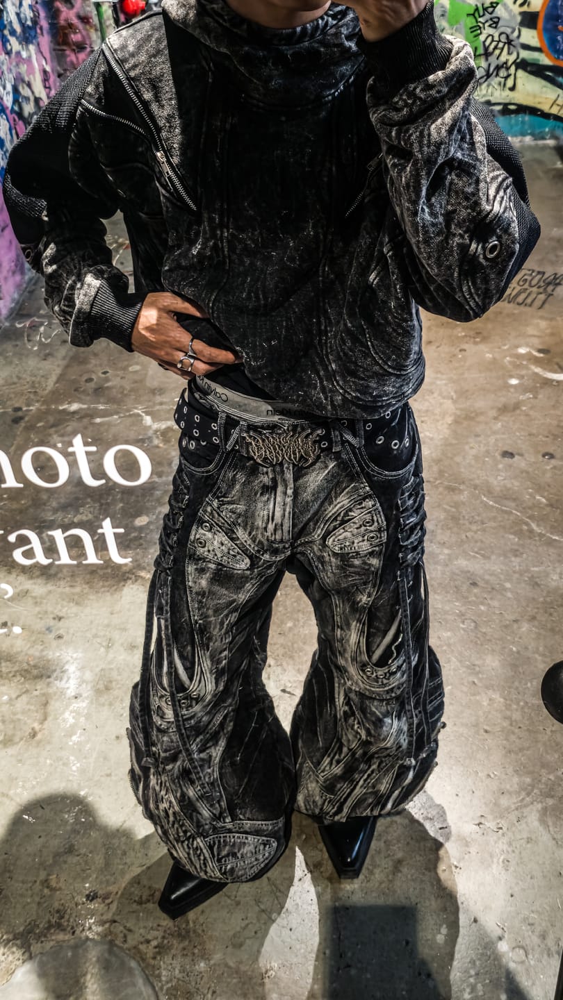 Customer photo review of Deconstructed Flared Patchwork Denim Jeans Black