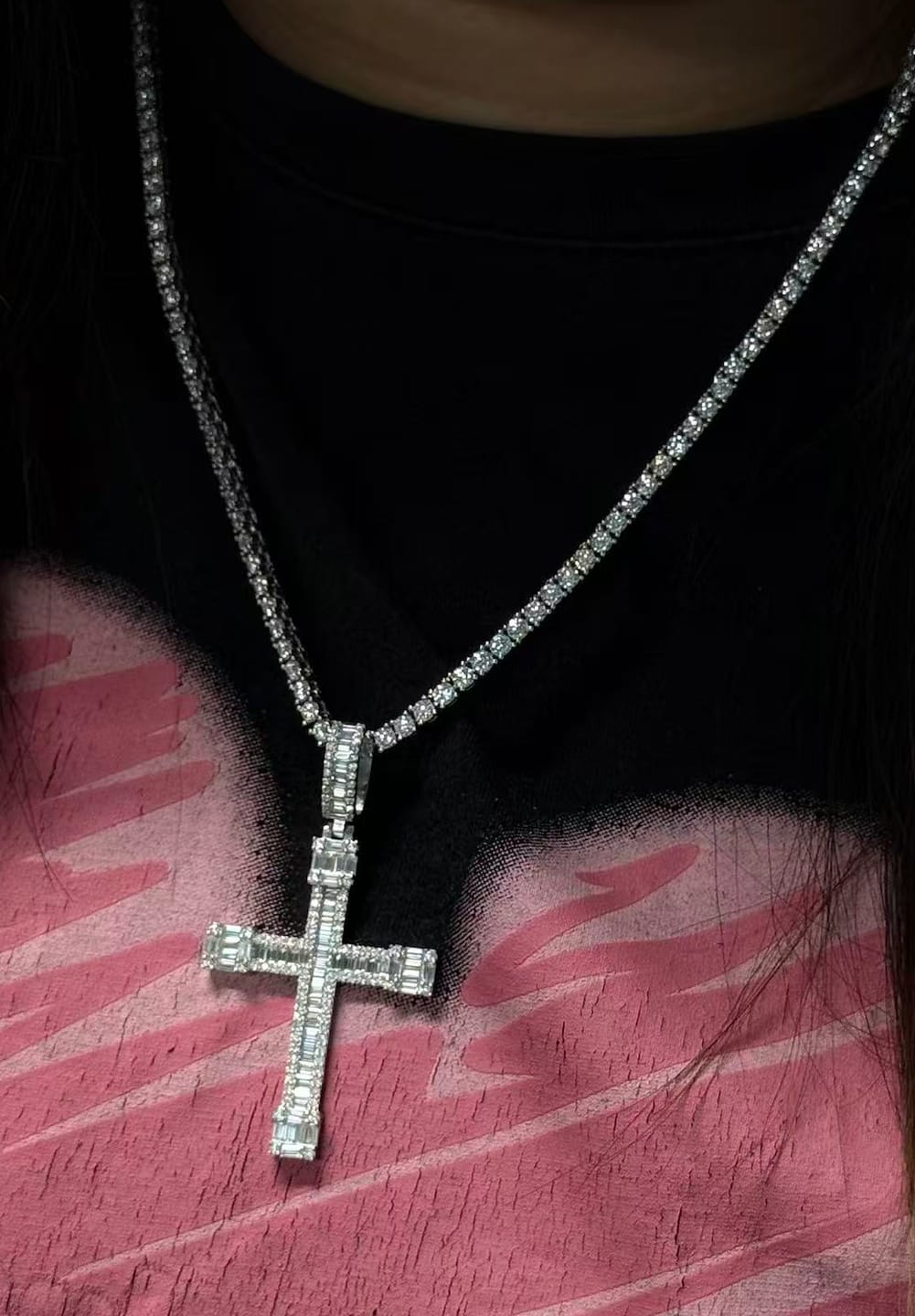 Customer photo review of GL VVS Baguette Moissanite Iced Out Cross Pendant