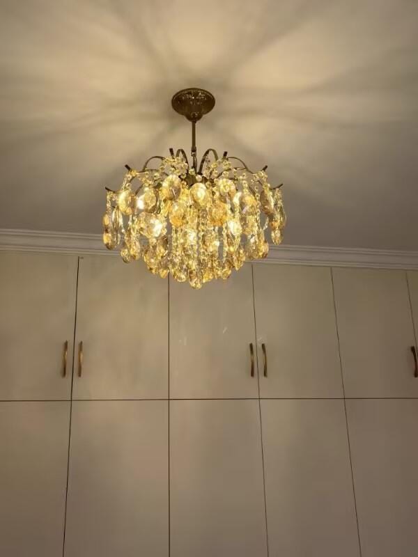 Customer photo review of Crystal Chandelier, Amber Teardrop Crystals, Gold-Finished Frame