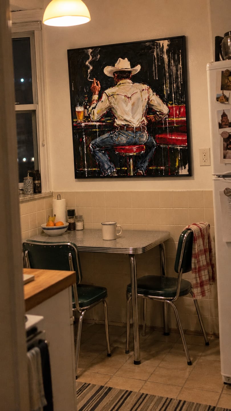 Customer photo review of A Seat at the Bar — Cowboy Oil Painting