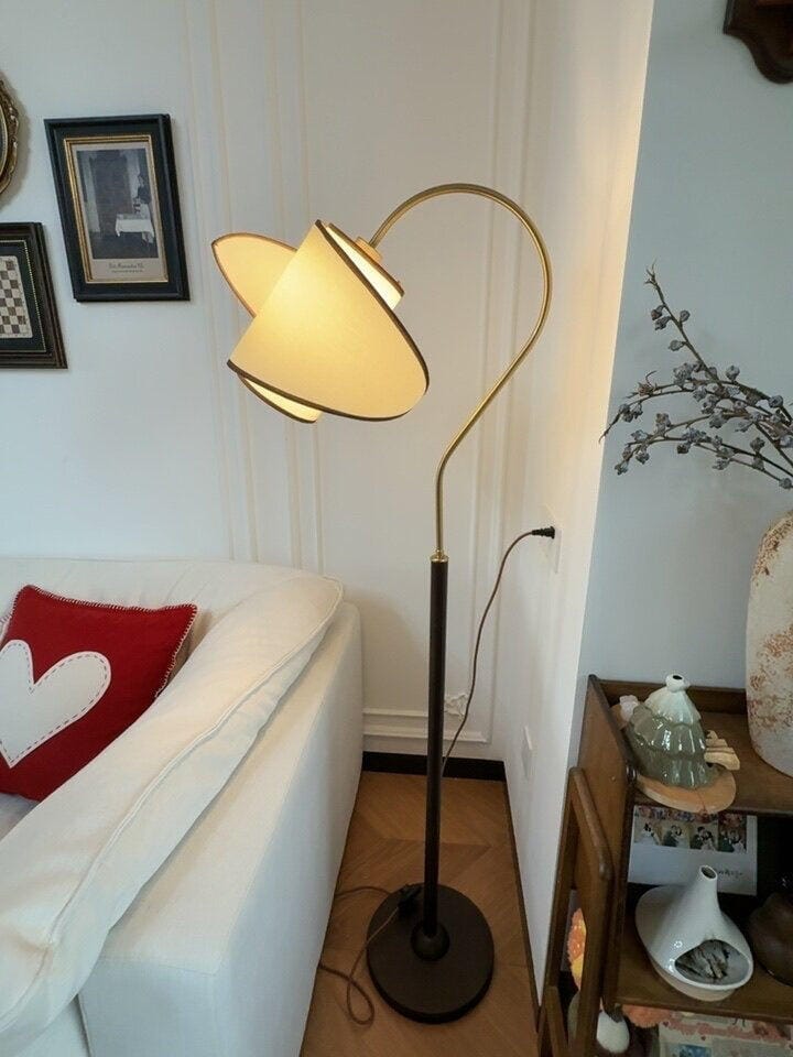 Customer photo review of Curved Wood Floor Lamp, Walnut Stem, White Fabric Shade, 150 cm