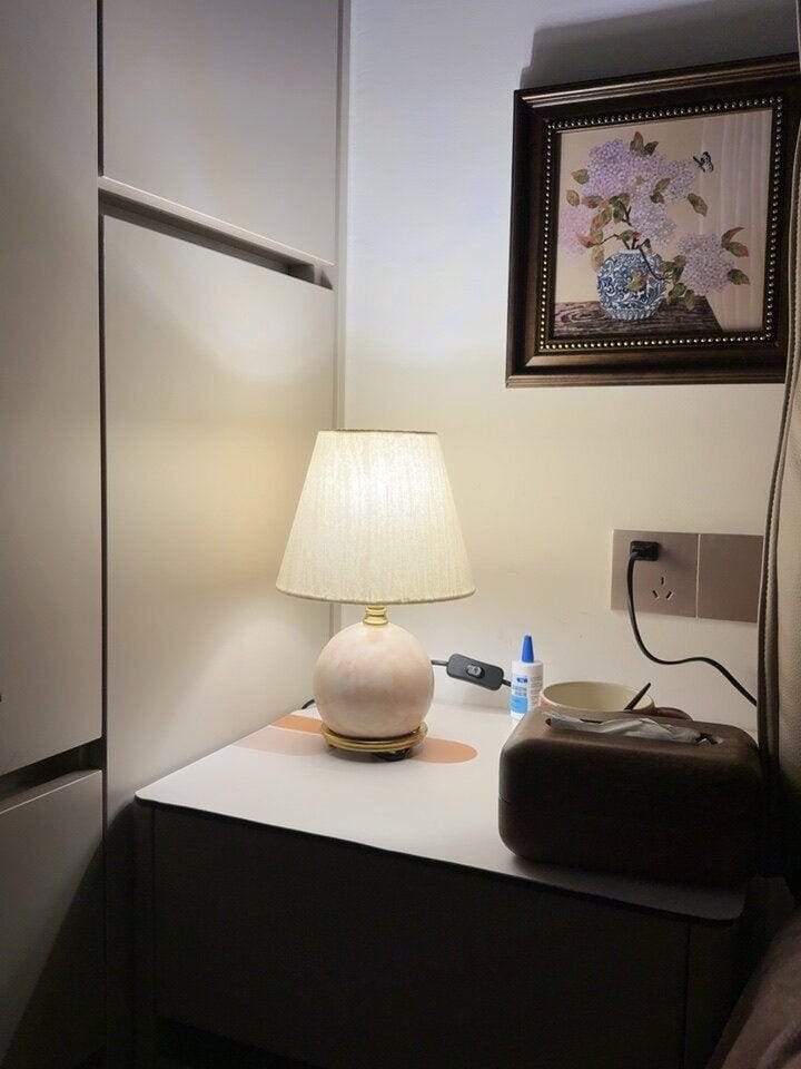 Customer photo review of Pink Marble Table Lamp, White Linen Shade, Plug In