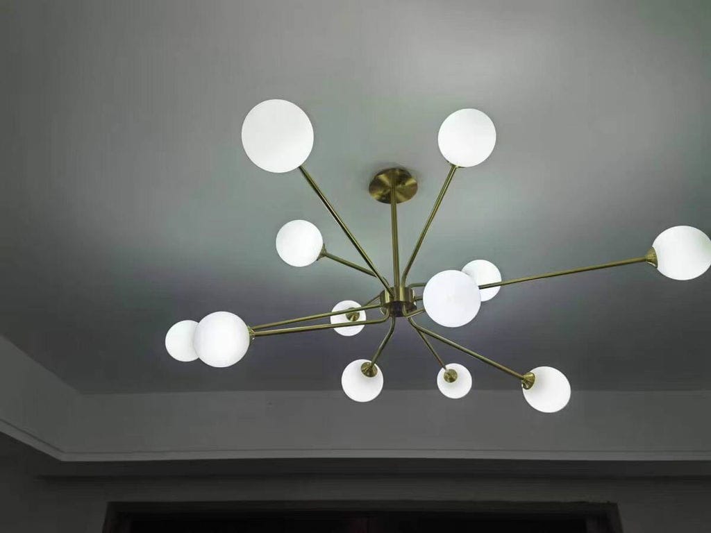 Customer photo review of Brass Arm Chandelier, Frosted Glass Globes, G9 LED, Hardwired