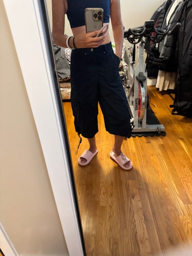 Customer's Multi Pocket Drawstring Hem Wide Leg Cargo Culottes in blue, showing a relaxed fit and cargo pockets.