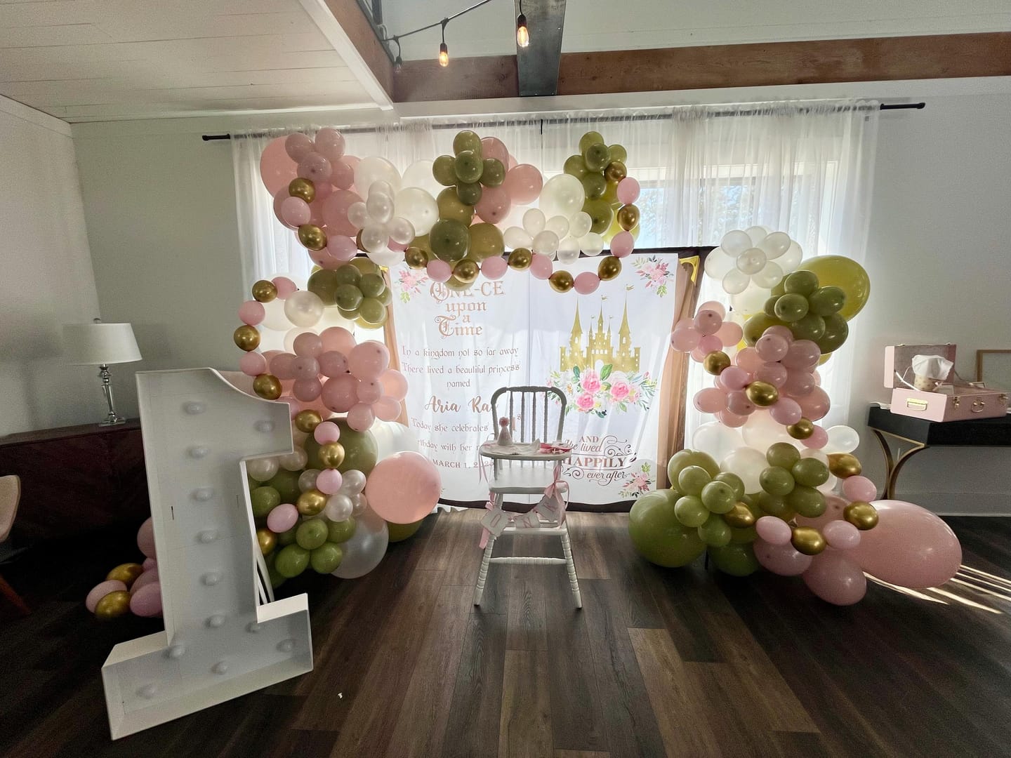 Customer photo review of One-ce upon a time Princess Backdrop First Birthday Decor One-ce upon a time One Year Old Birthday Banner 1 Year Photobooth 1 yr sign