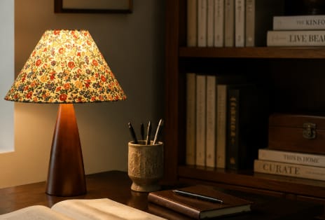 Customer photo review of Wood Table Lamp, Floral Fabric Shade, Tapered Base, Inline Switch