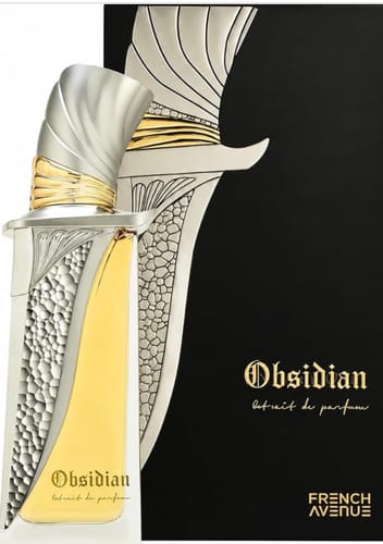 Customer's French Avenue Obsidian perfume bottle in front of its elegant black and silver packaging.