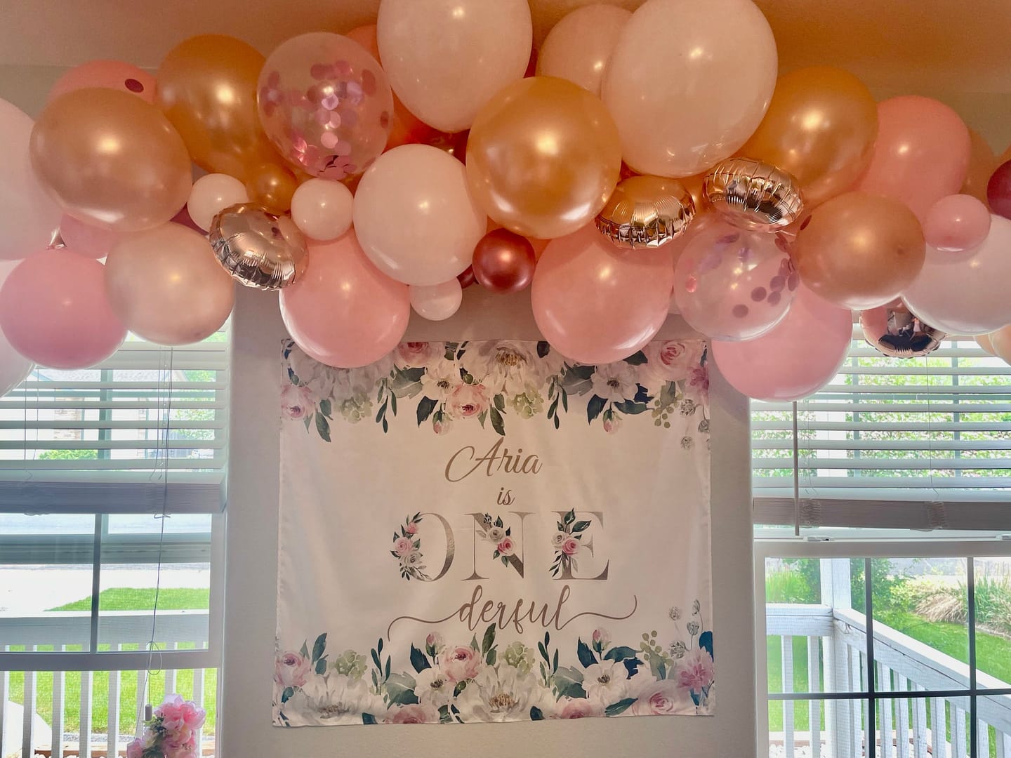 Customer photo review of Little Miss Onederful Birthday Backdrop, Blush Pink Floral Girl 1st Birthday Party Decorations, Girls Garden Pink Gold Backdrop