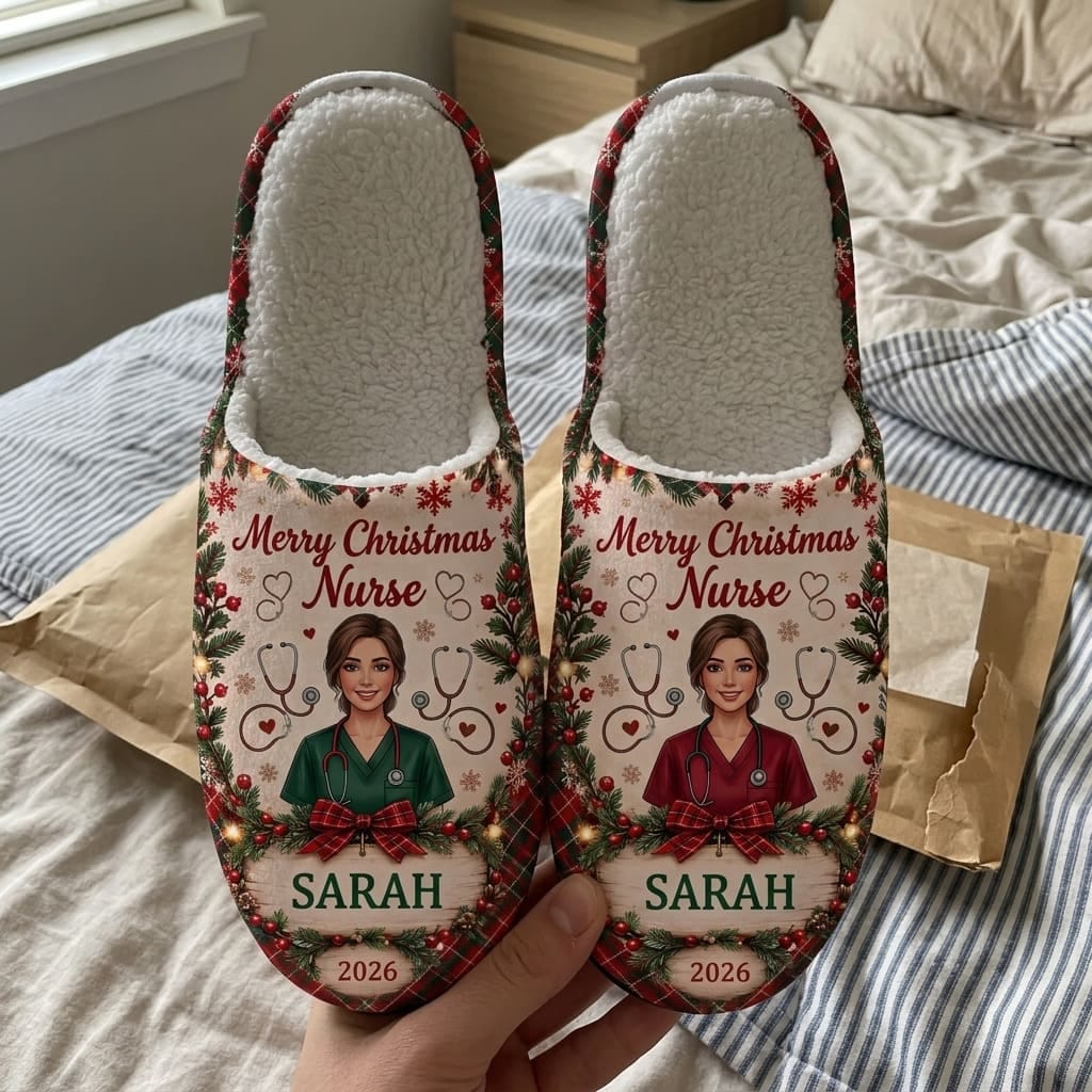 Customer photo review of Personalized Merry Christmas Nurse Slippers - Custom Photo & Name | Christmas Gift | SLP01 Occupations