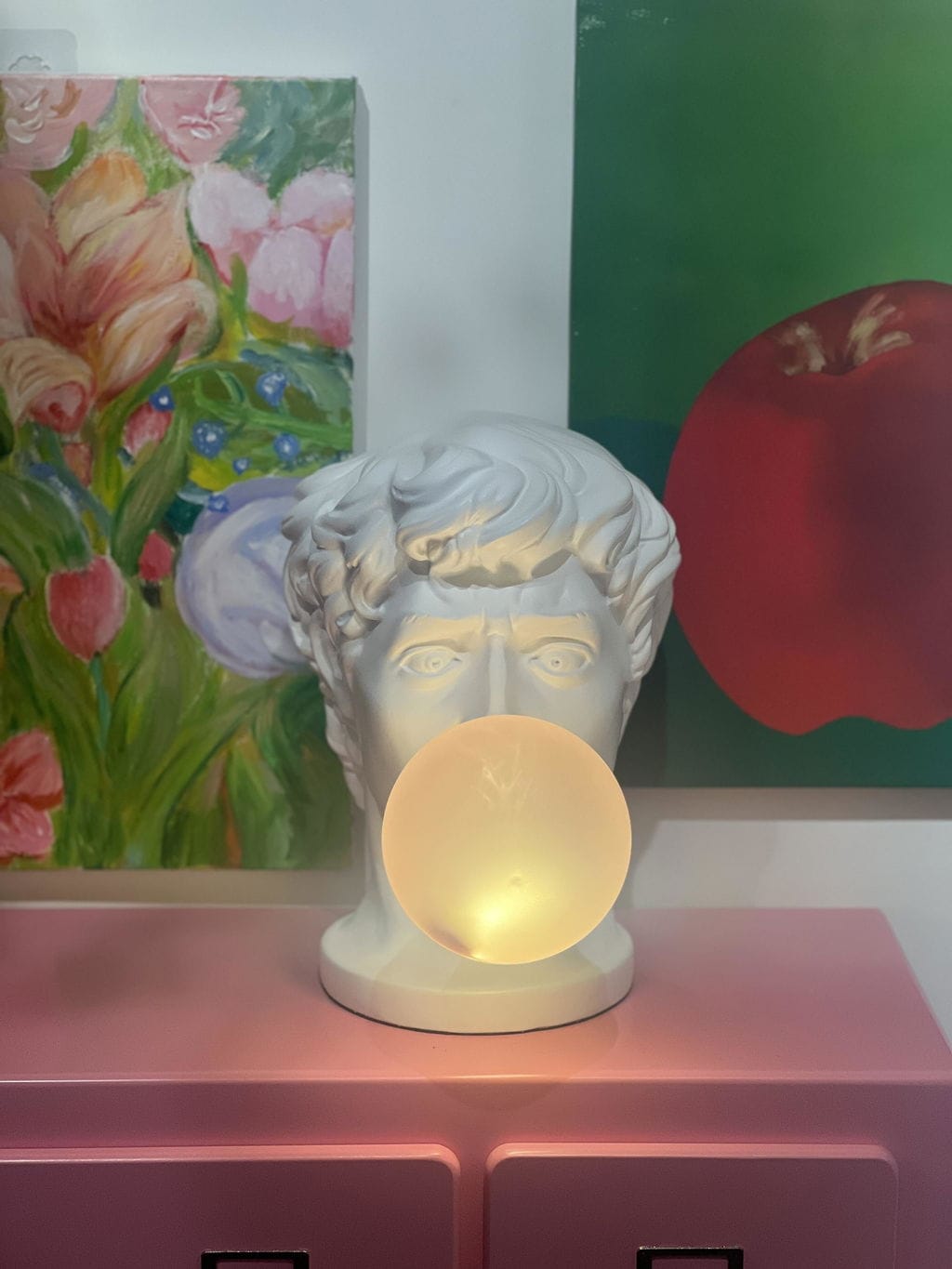 Customer photo review of Glass Table Lamp, Pink Bubble Shade, White Resin Body, 42 cm