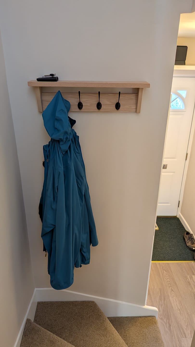 Customer photo review of Solid Oak Walnut Coat Rack with Shelf