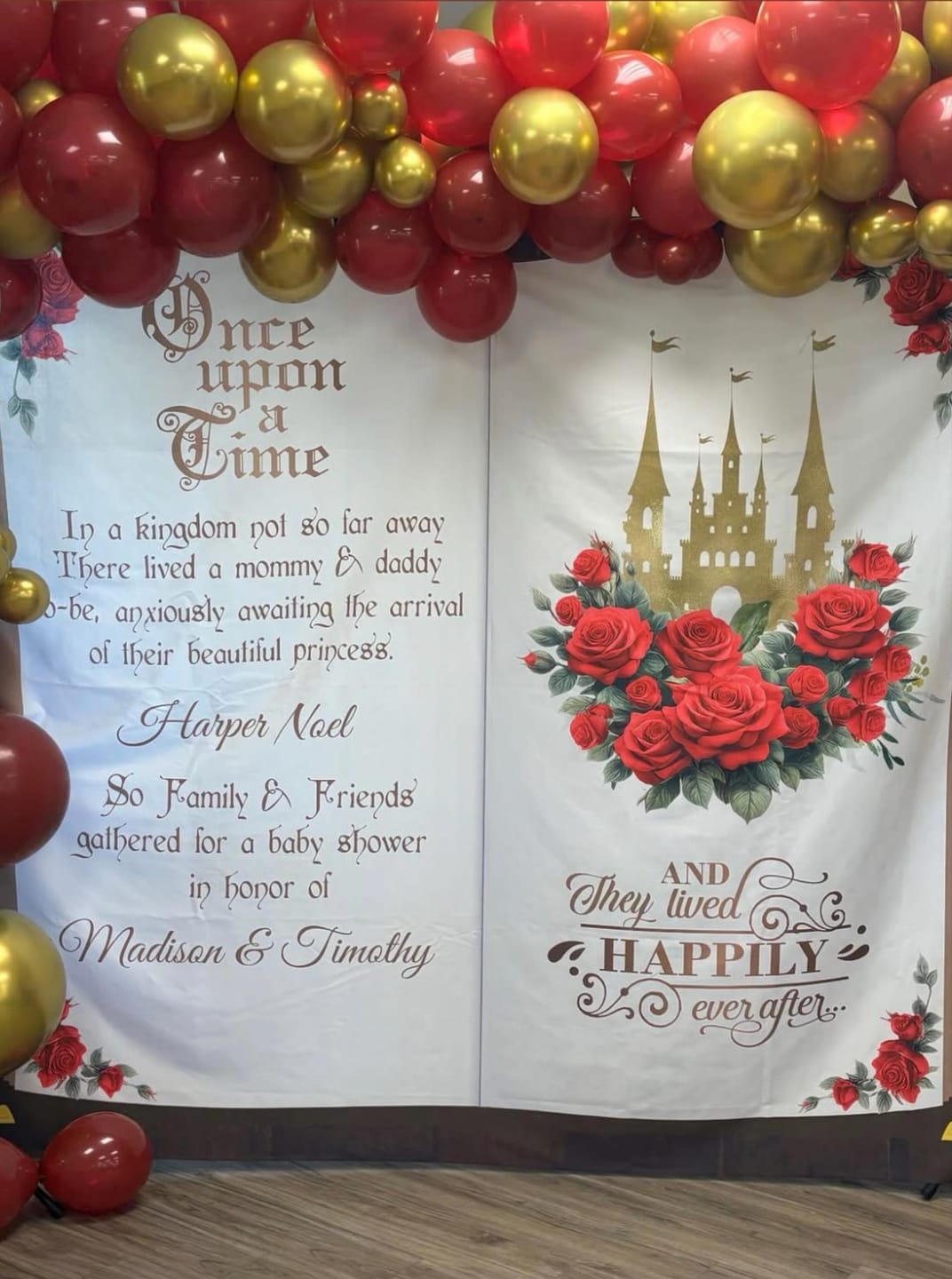 Customer photo review of Red Rose Book Decor Sweet 16 Princess Backdrop Fairytale Storybook Banner Royal Medieval Floral Castle Sign Custom Wedding Bridal Shower