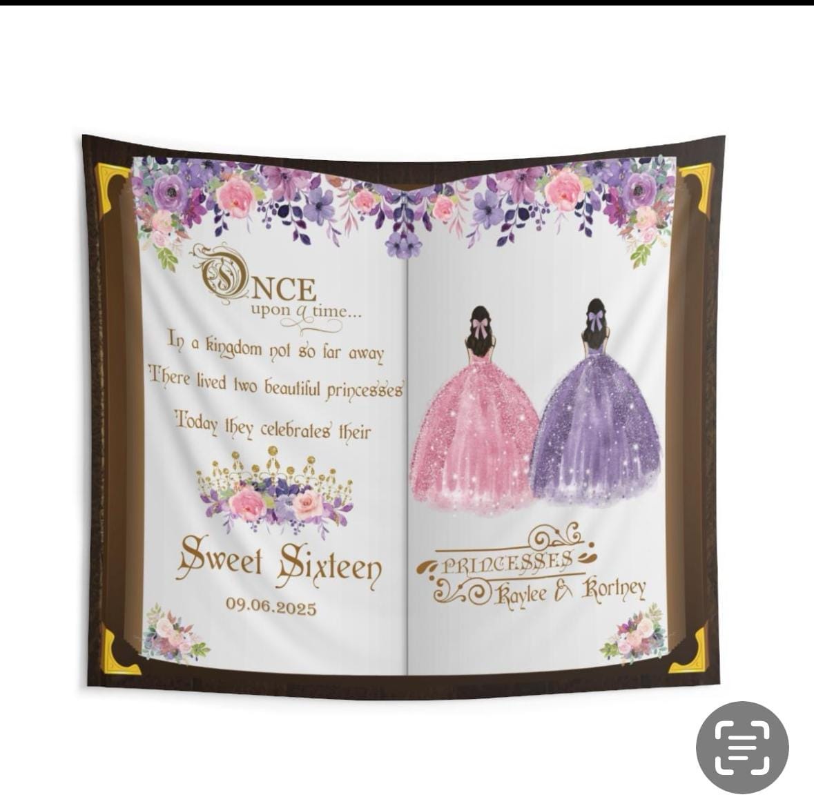 Customer photo review of 16th Birthday Banner Lavender Gold Sweet 16 Backdrop Princess Quince Party Decor Girl Party Photobooth Once Upon A Time Book Background