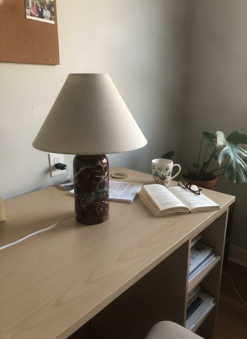 Customer photo review of Marble Table Lamp, Linen Cone Shade, Plug In, 39 cm Tall