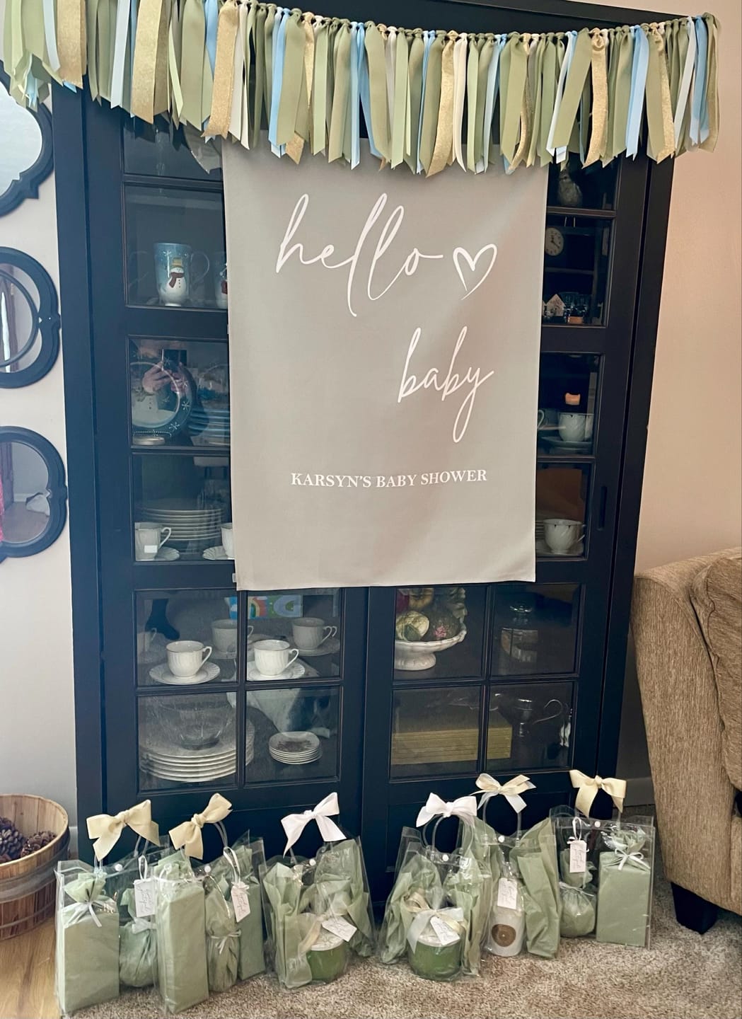 Customer photo review of Hello Baby Minimalist Baby Shower Backdrop Sage Green Gender Neutral Baby Sprinkle Banner Modern Shower Decoration Personalized Backdrop
