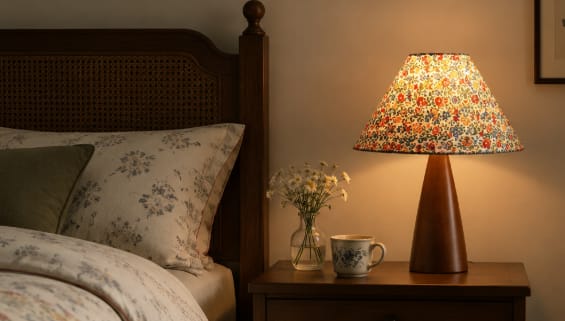 Customer photo review of Wood Table Lamp, Floral Fabric Shade, Tapered Base, Inline Switch