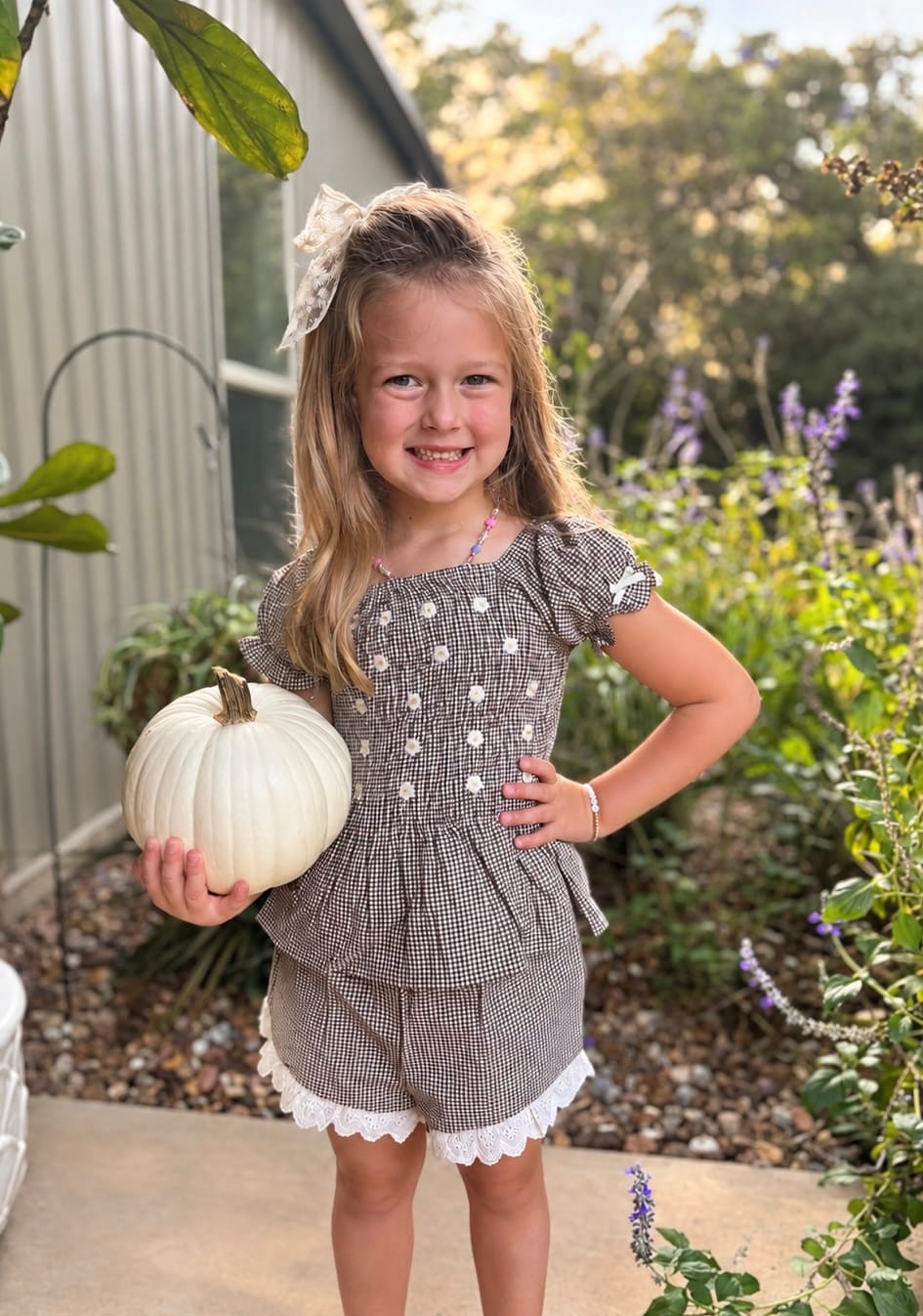 Customer photo review of Chocolate Gingham Smocked Set