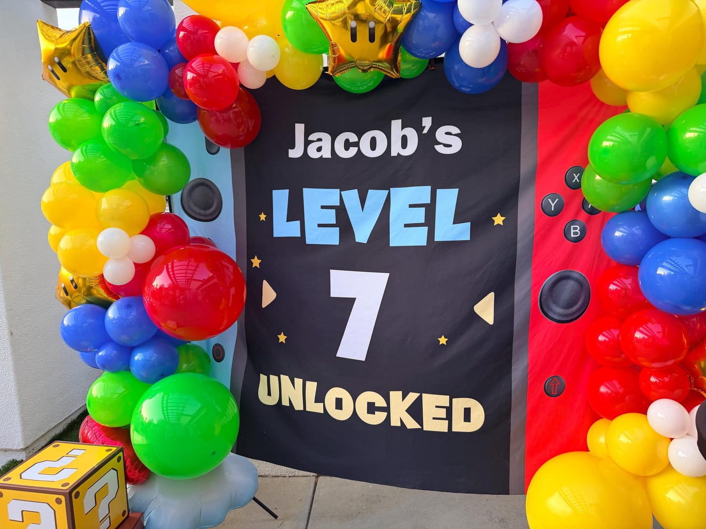 Customer photo review of Video Game Birthday Backdrop Any Age Personalized Banner Boys Kids Teenage Party Photobooth Gamer Party Gaming Birthday Level 13 Decor