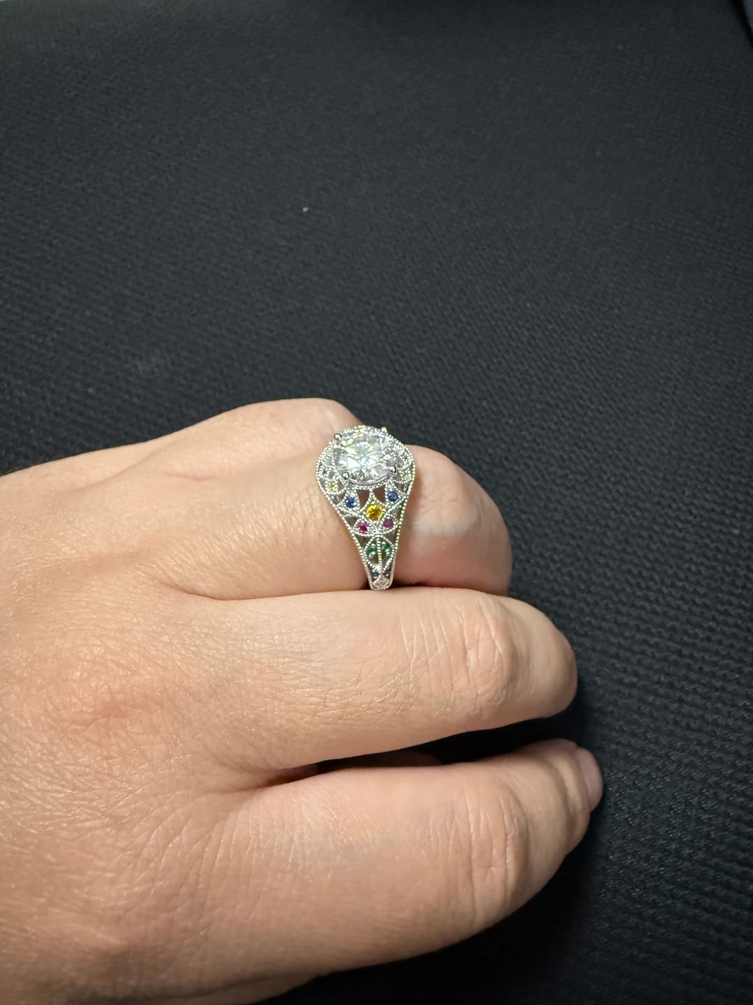 Customer photo review of Secret Garden Round Moissanite Multicolor Gemstone Filigree Engagement Ring