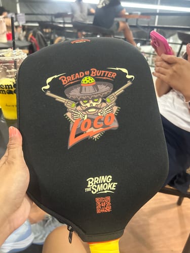 Customer's Bread and Butter Sticker Loco paddle showing a graphic of a skeleton in a sombrero holding pistols.
