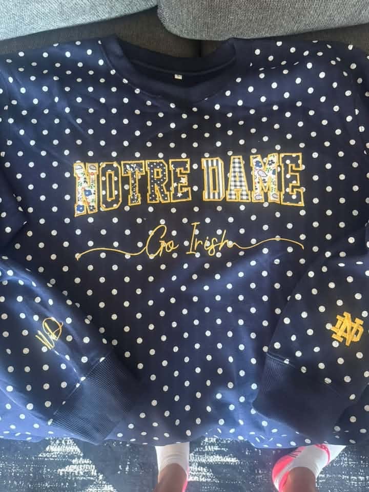 Customer photo review of Custom Patchwork Fabric Embroidered Polka Dot Sweatshirt Team and School Name Applique Varsity Letters | Game Day Wear