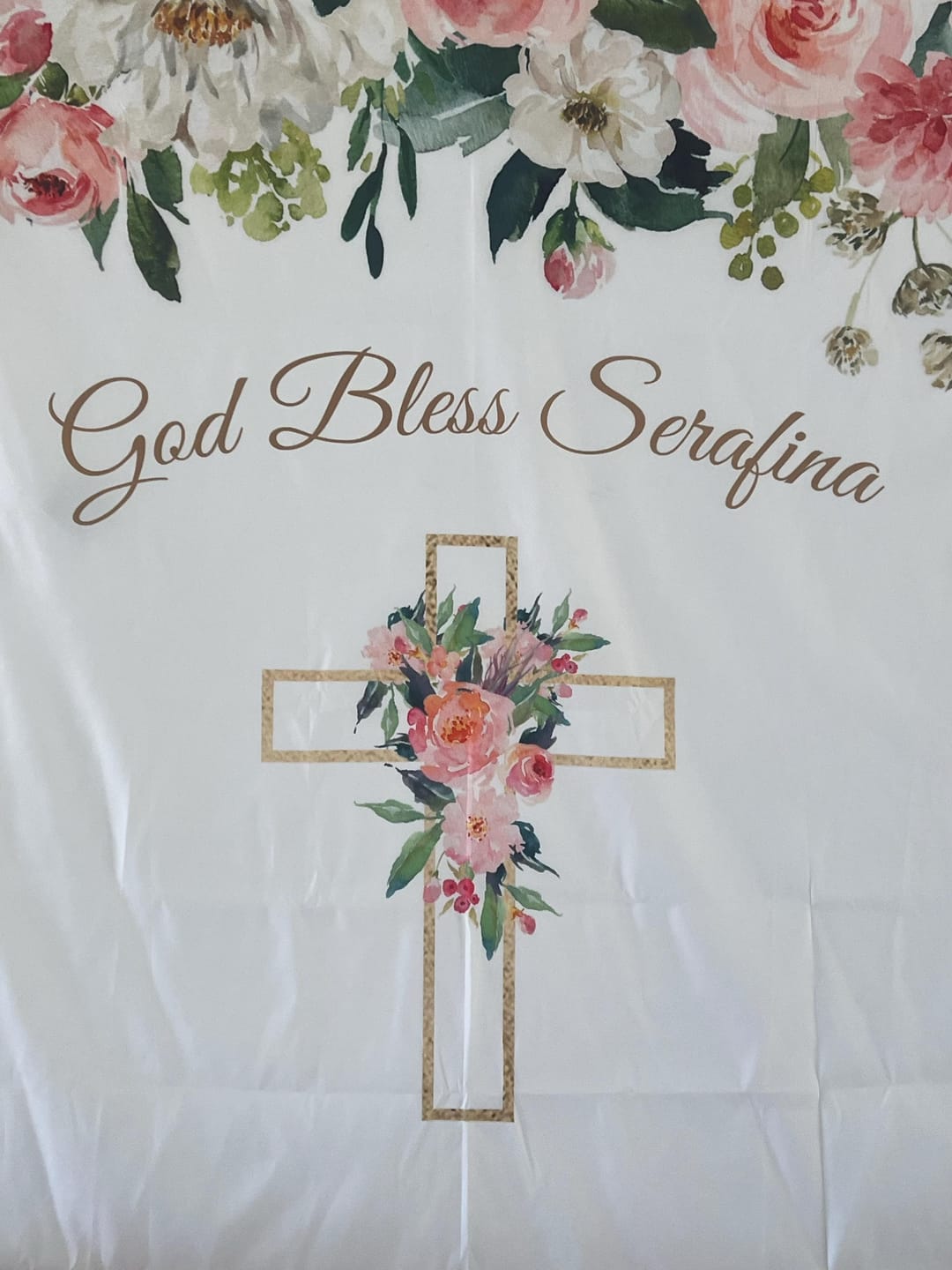 Customer photo review of Pink Floral Girl Baptism Backdrop