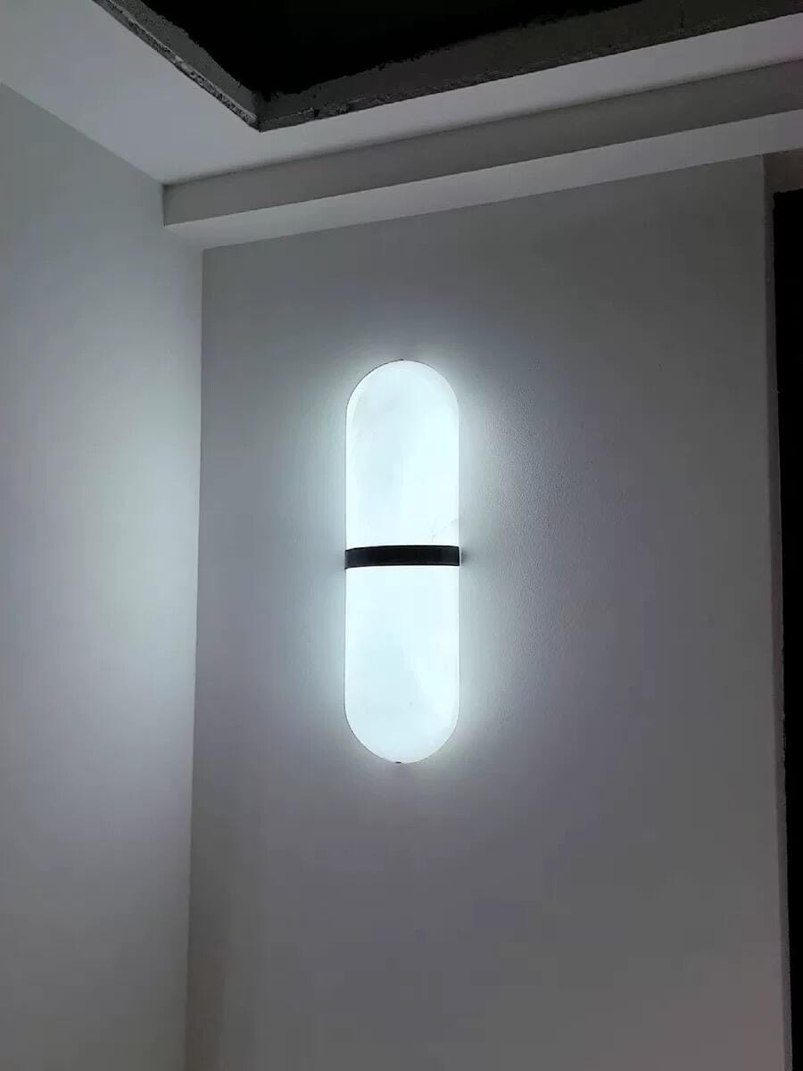 Customer photo review of Pill-Shaped Wall Sconce for Hallway, Alabaster, Brass