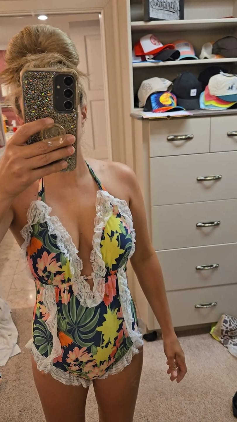 Customer photo review of Emoswim - Womens One Piece Halter V-Neck Printing Lace Adjustable Back Straps Sexy Swimsuit