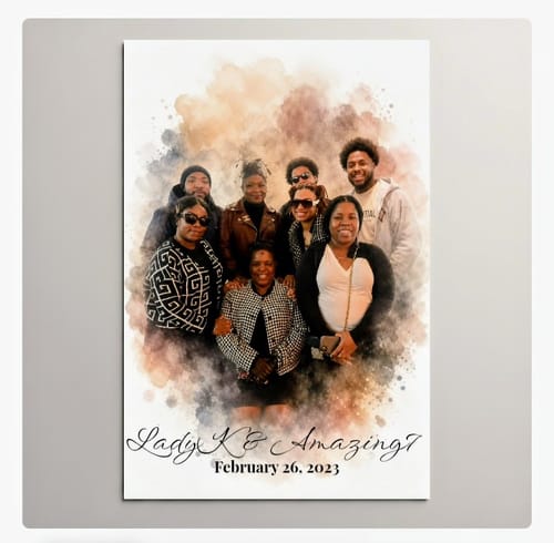 Customer's Expert Review portrait showing a group of seven people layered over a watercolor-style background.