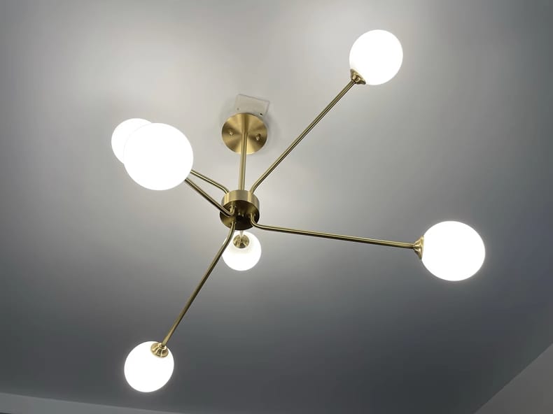 Customer photo review of Brass Arm Chandelier, Frosted Glass Globes, G9 LED, Hardwired