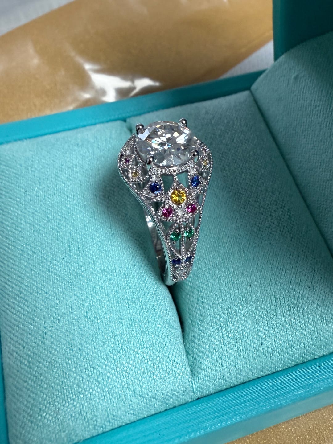 Customer photo review of Secret Garden Round Moissanite Multicolor Gemstone Filigree Engagement Ring