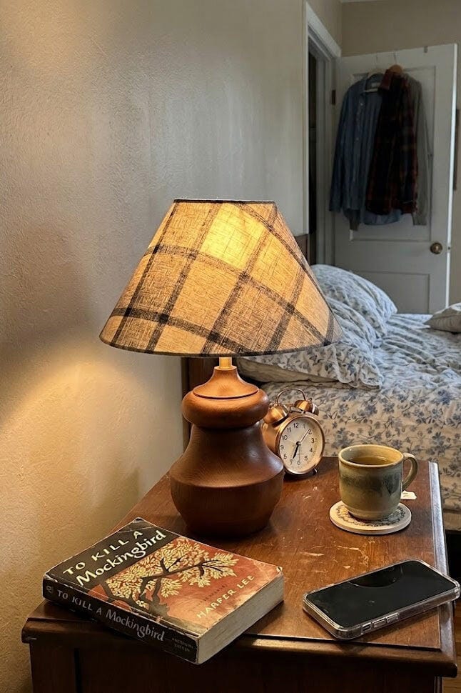 Customer photo review of Wood Table Lamp, Turned Walnut Base, Plaid or Straw Weave Shade