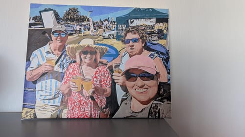 Customer's Custom Paint By Numbers finished portrait showing four people outdoors, displayed as a colorful canvas.