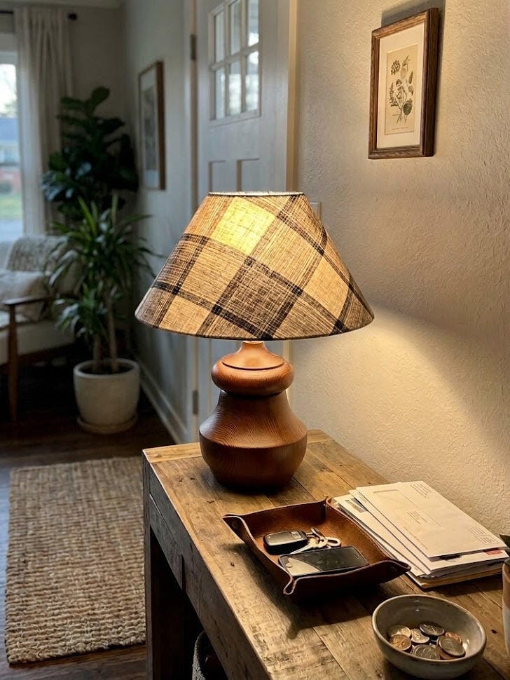 Customer photo review of Wood Table Lamp, Turned Walnut Base, Plaid or Straw Weave Shade