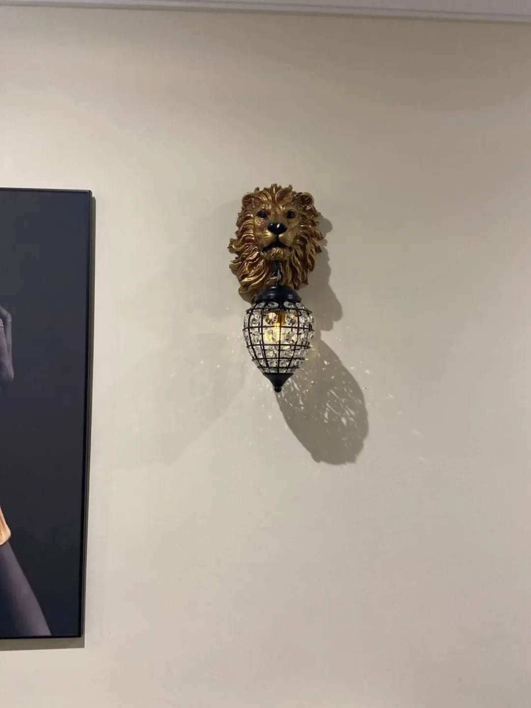 Customer photo review of Lion Head Wall Light, Faceted Crystal Globe, Wall Sconce