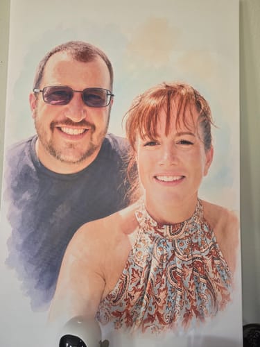 Customer's Expert Review portrait showing a couple in a watercolor style on a canvas print.
