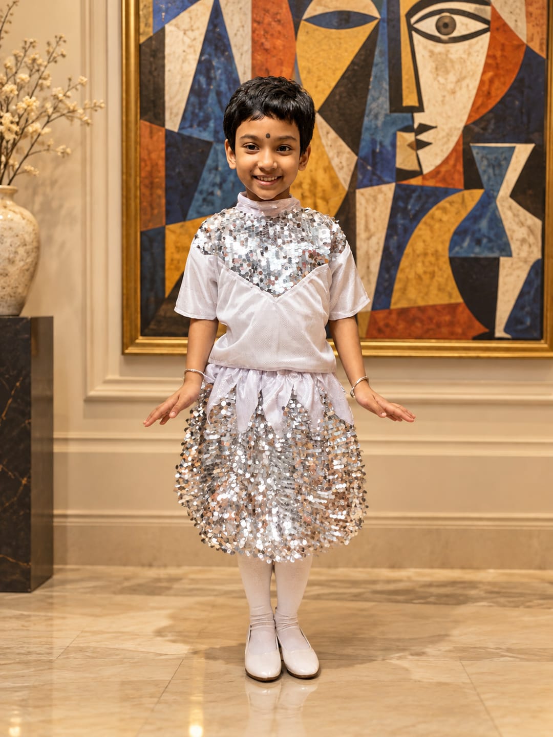 Customer photo review of Western Dance Dress Girls Silver Sequin Dance Dress – Shiny Stage Performance & Annual Day Costume