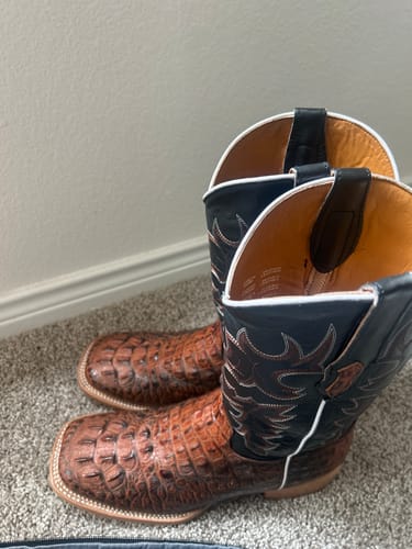 Customer's Two-Tone Cognac Caiman Neck Leather Boots with square toes and decorative stitching, sitting on a carpeted floor.