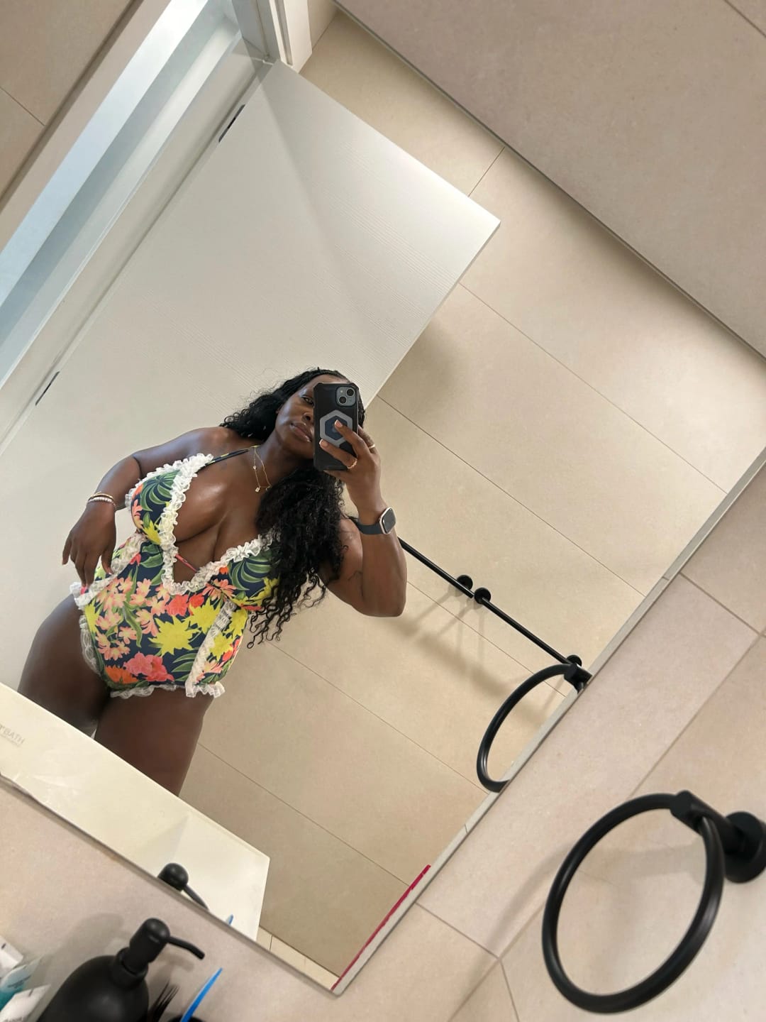 Customer photo review of Emoswim - Womens One Piece Halter V-Neck Printing Lace Adjustable Back Straps Sexy Swimsuit