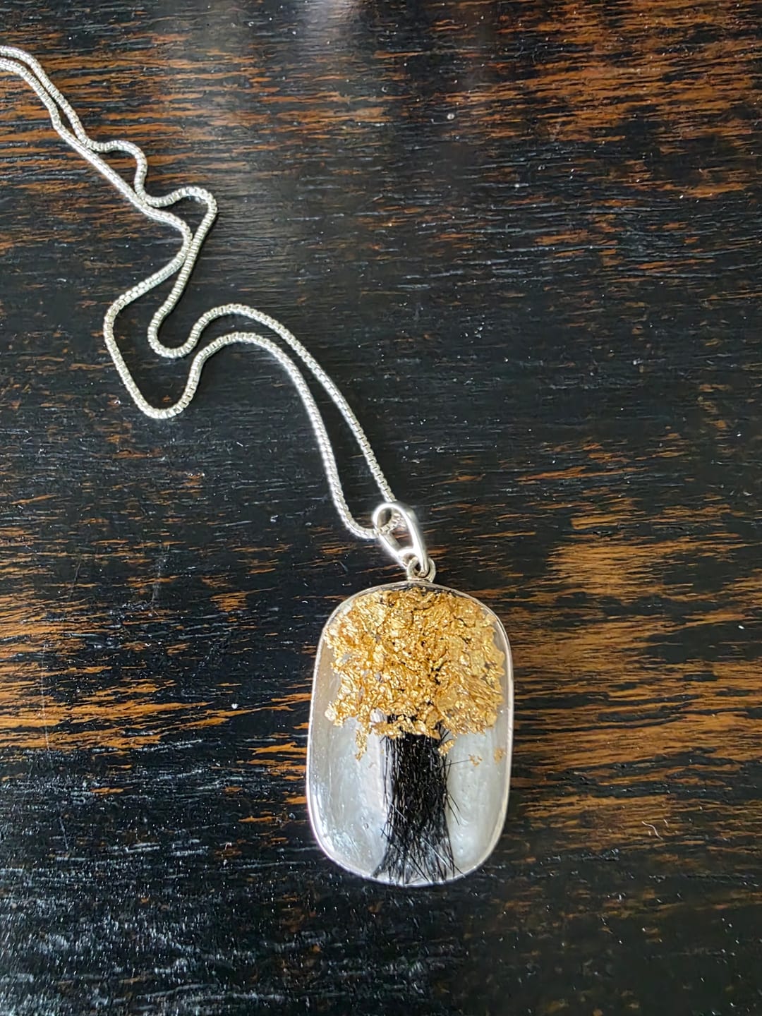 Customer photo review of Large Rectangle Tree of Life Pendant with Hair/Fur - Engravable