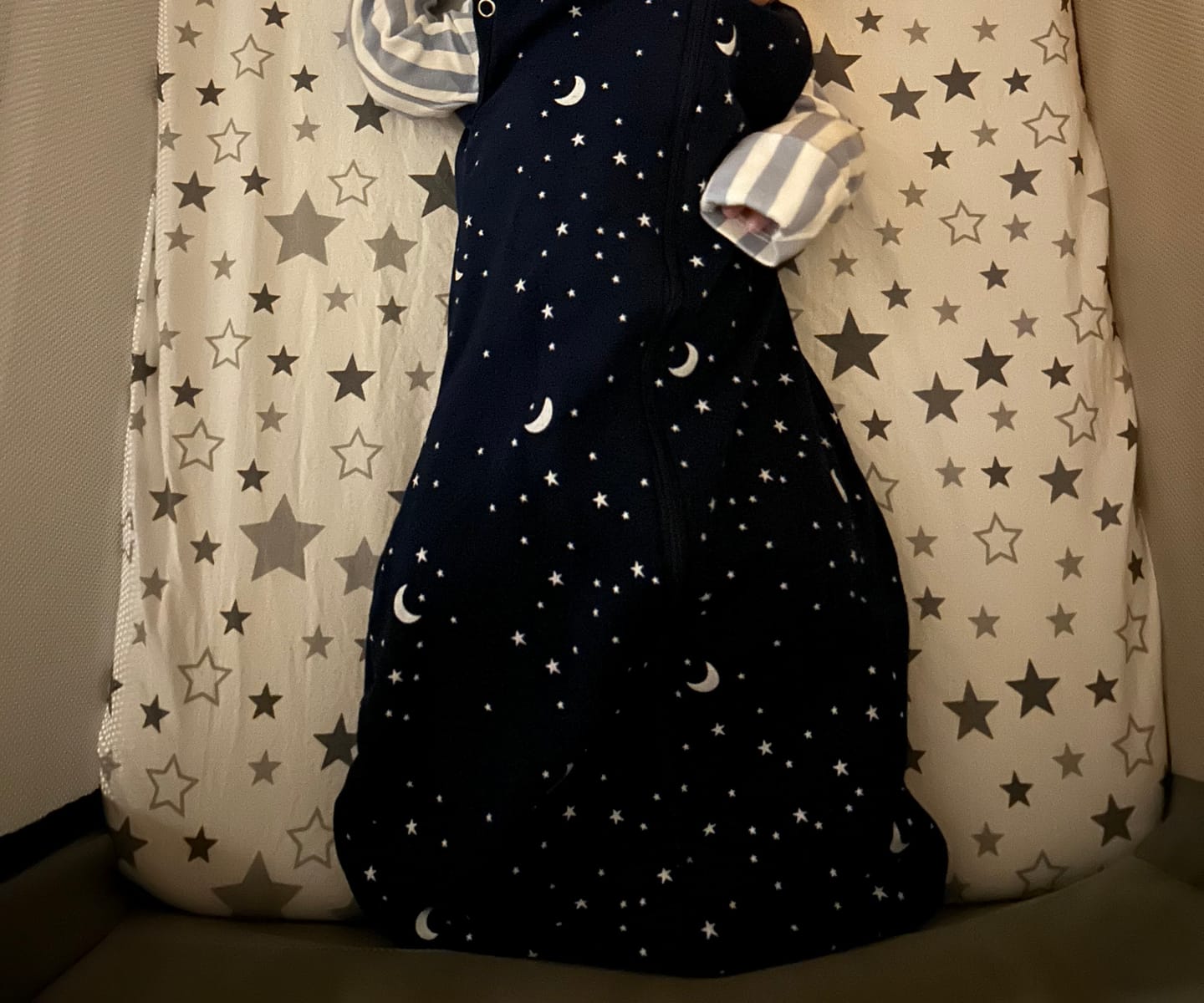 Customer photo review of sleep swaddle bag  blue moon and stars | Newborn | 2.5 Tog