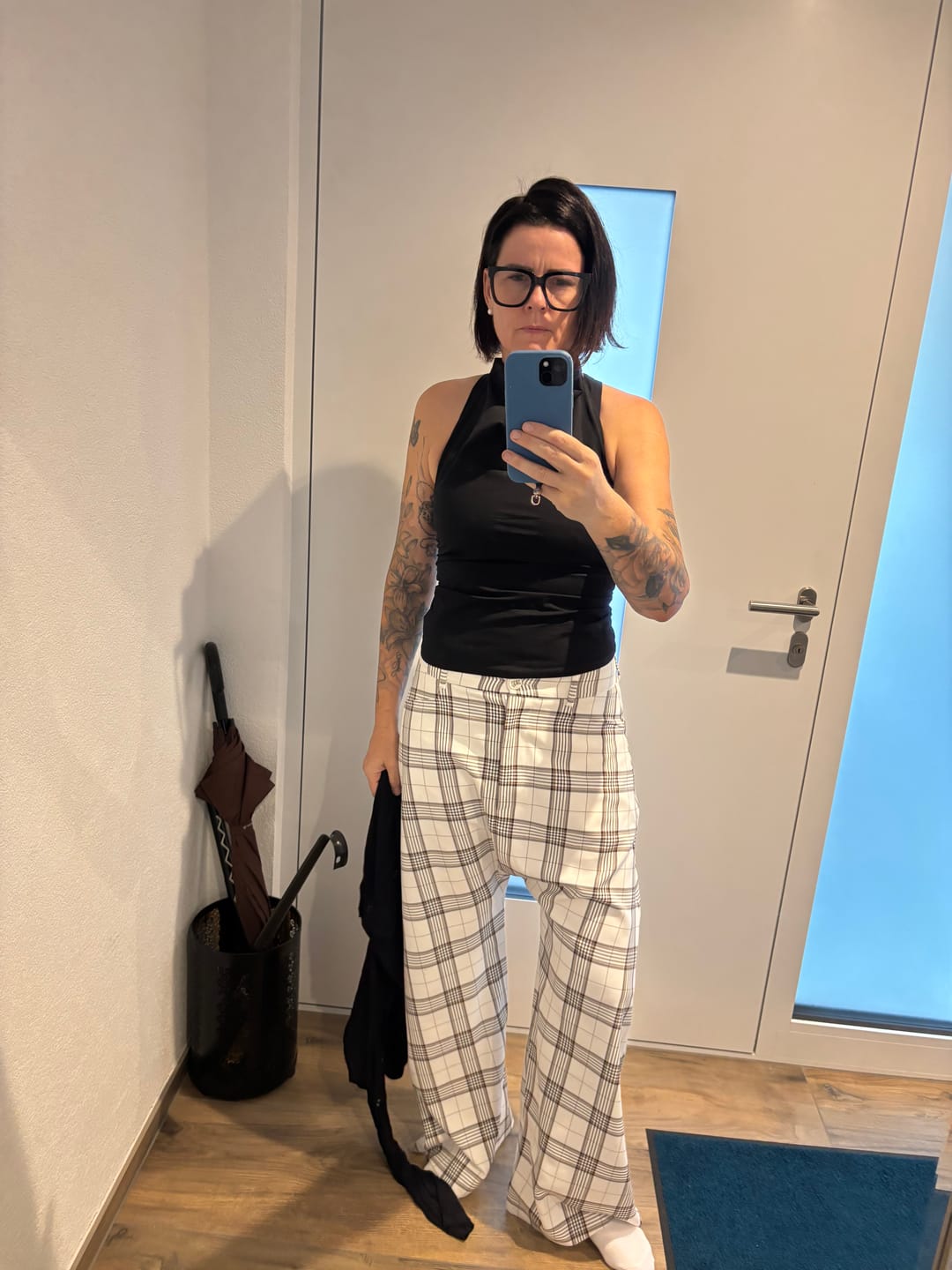 Customer photo review of White Plaid Wide-Leg Statement Pants