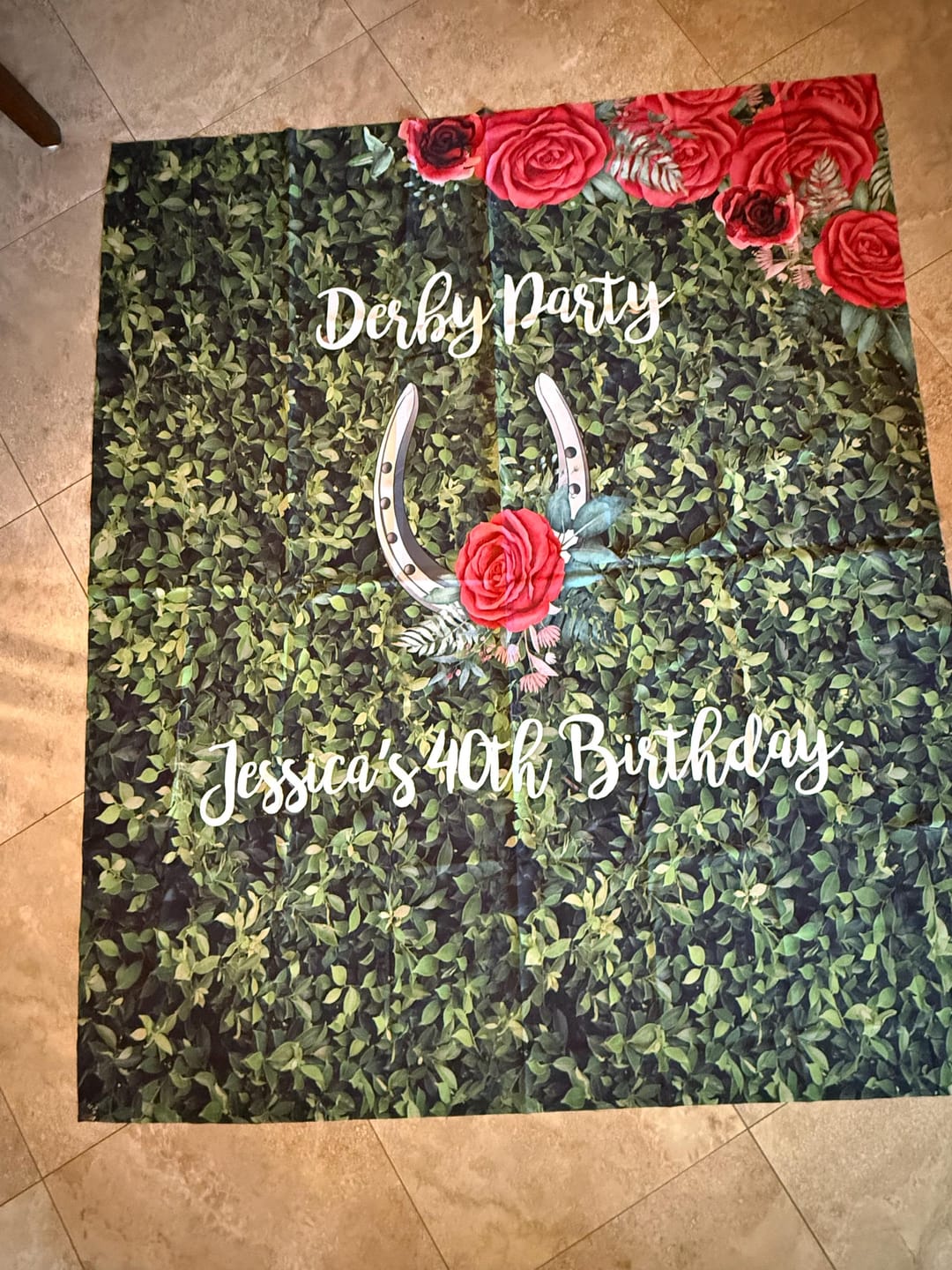 Customer photo review of Derby Birthday Backdrop, Custom Fabric Grass Wall Kentucky Party Decor, Red Roses Horse Shoe Photo Booth Banner, 21st Birthday Tapestry