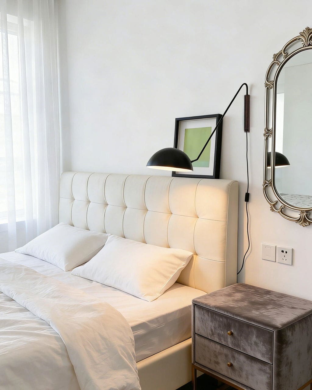 Customer photo review of Plug In Wall Light, Pivoting Arm, White Dome Shade, Wall Sconce