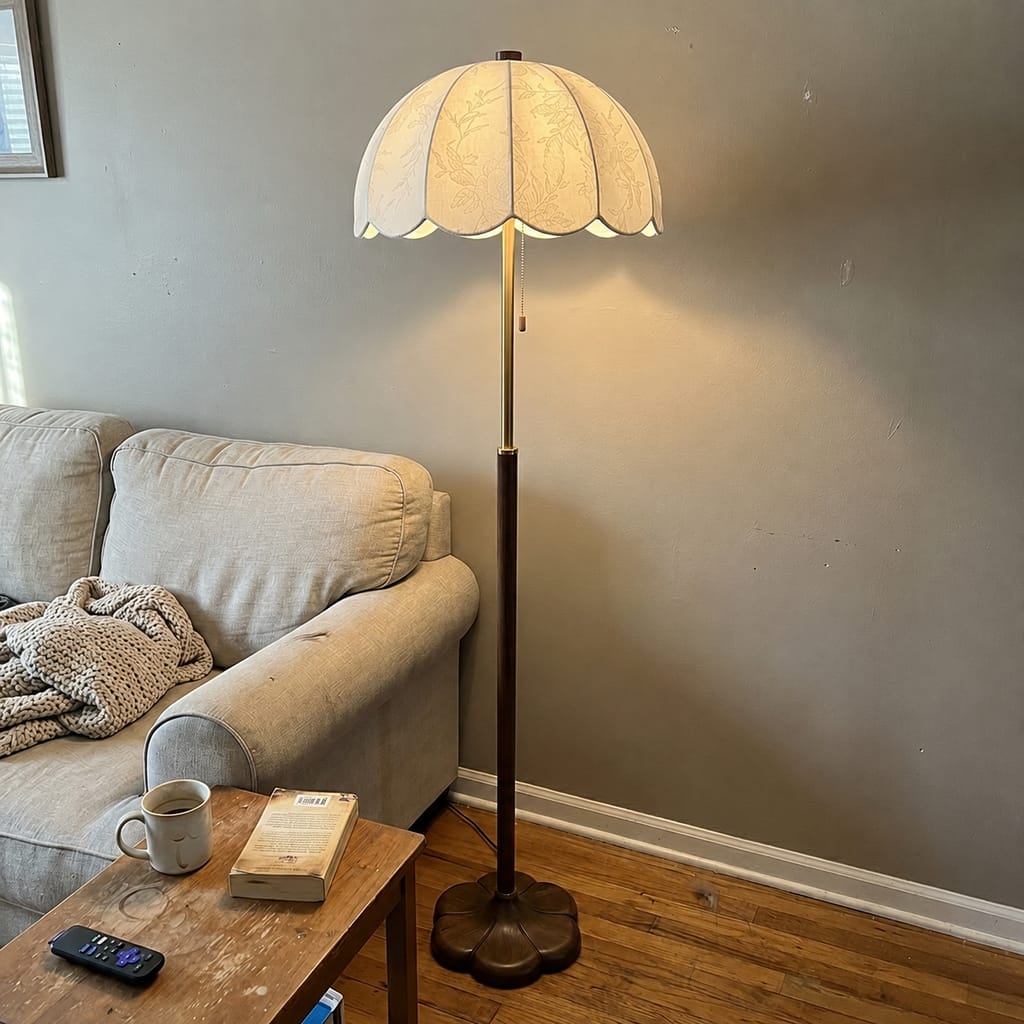 Customer photo review of Wood Floor Lamp, Pleated Petal Shade, Foot Switch, 150 cm