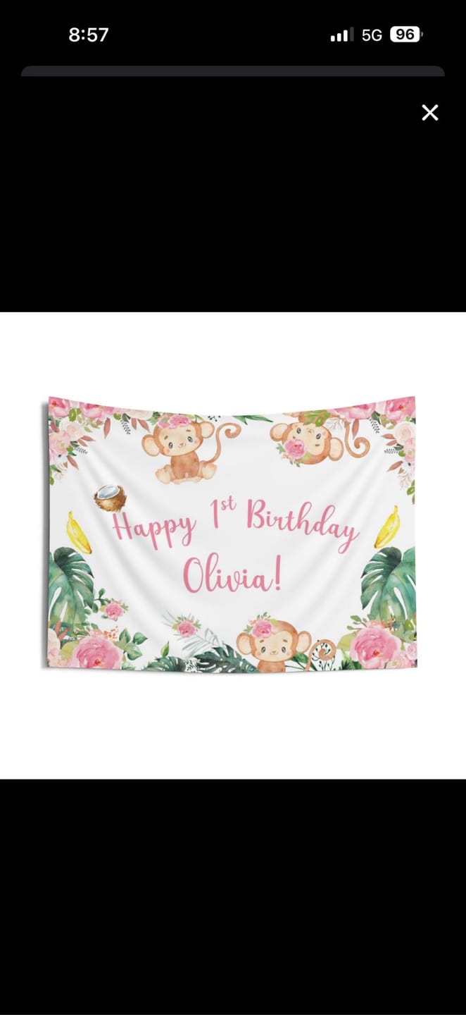 Customer photo review of Pink Floral Monkey Jungle Baby Shower Backdrop Going Bananas Girl Baby Shower Banner Safari Animals Decoration Little Monkey Zoo Decoration