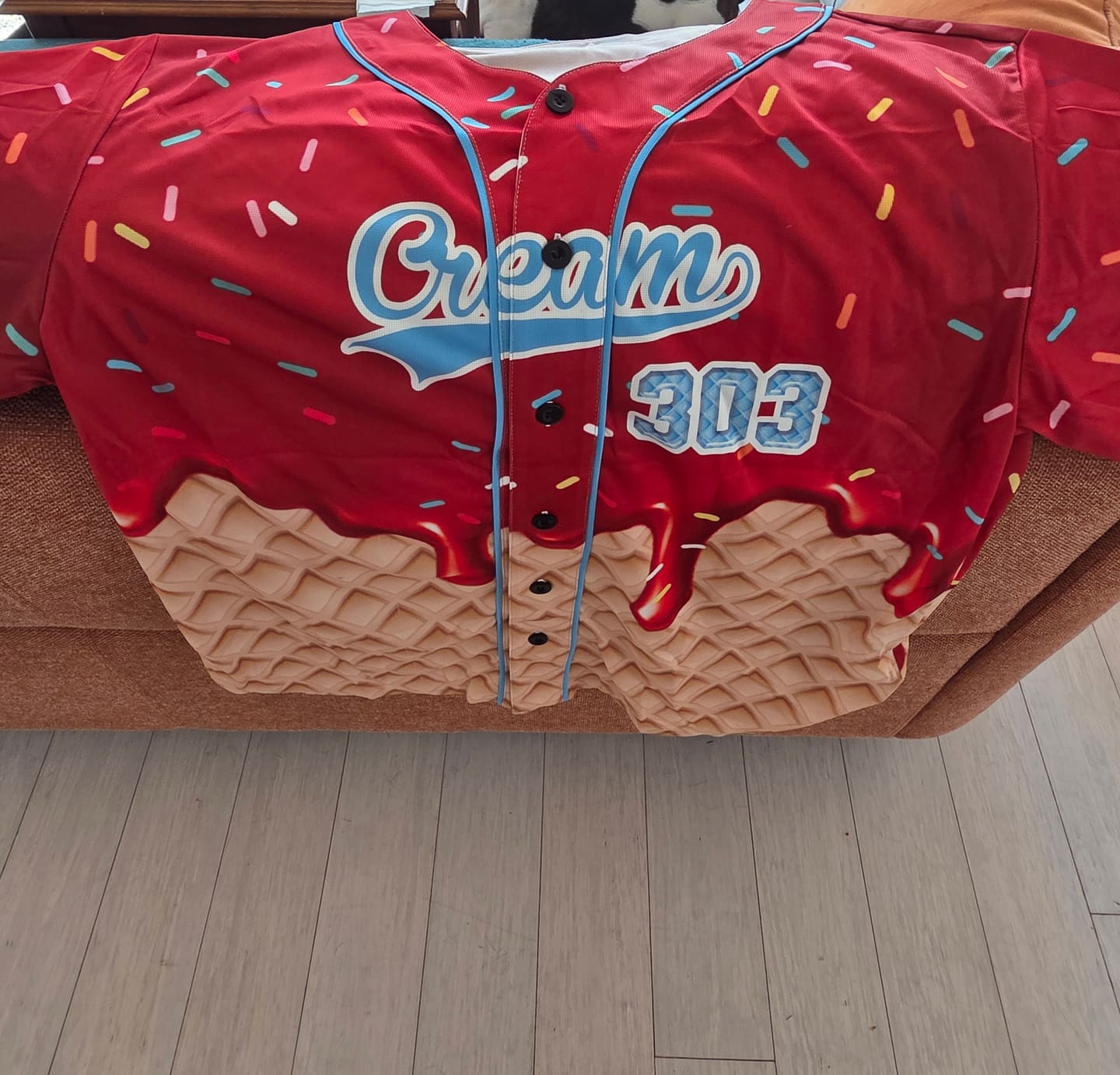 Customer photo review of Custom Ice Cream Baseball Jersey Red and Blue with Piping - Design Your Own