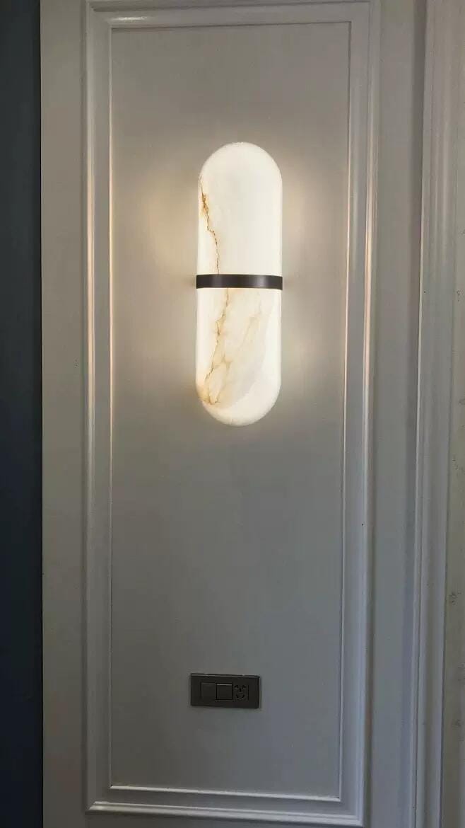 Customer photo review of Pill-Shaped Wall Sconce for Hallway, Alabaster, Brass