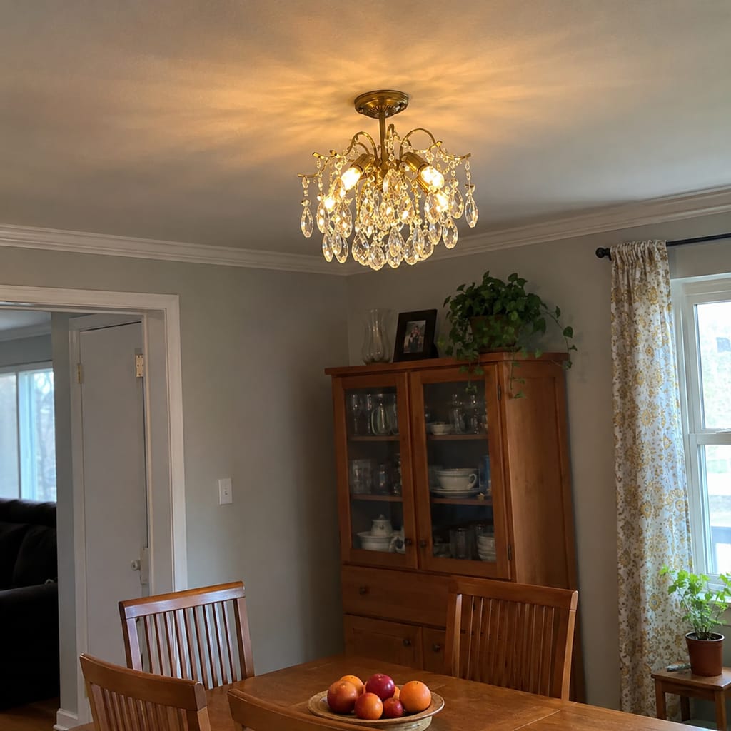 Customer photo review of Crystal Chandelier, Amber Teardrop Crystals, Gold-Finished Frame