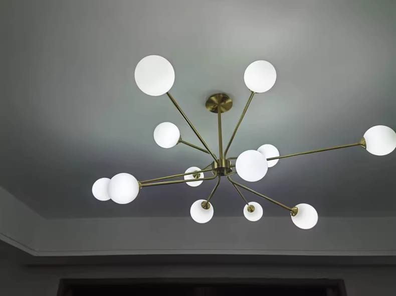 Customer photo review of Brass Arm Chandelier, Frosted Glass Globes, G9 LED, Hardwired